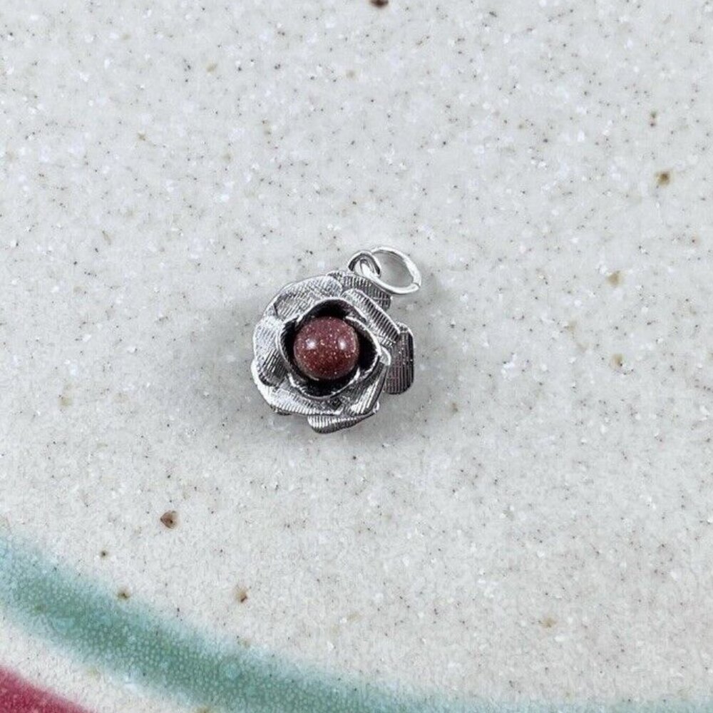 Vintage‎ Sterling Silver Goldstone Rose Flower Pendant Red Marked STERLING